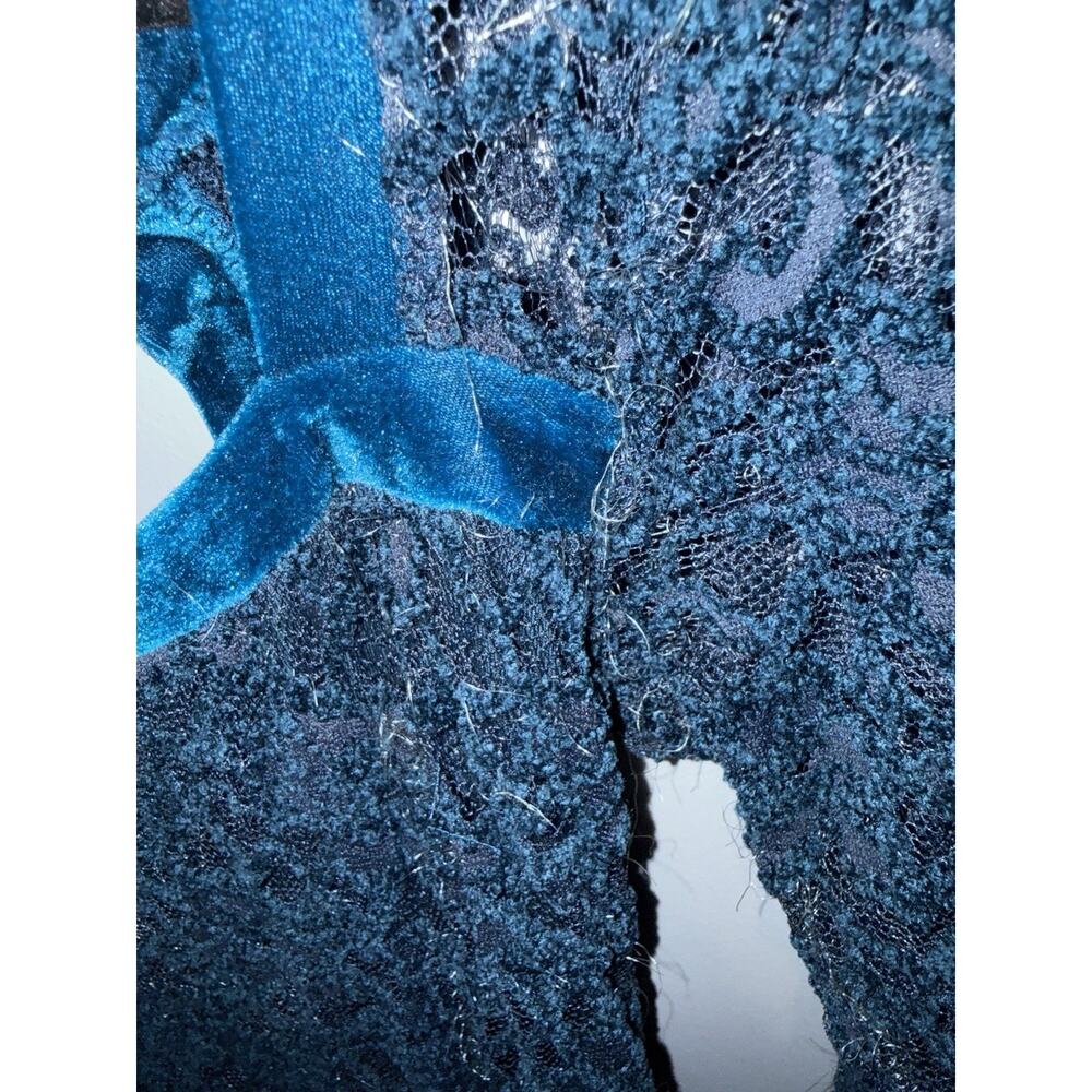 Free People Blue Lace Velvet Trim Fit & Flare Mini Dress Long Sleeve Open Back - Picture 7 of 10